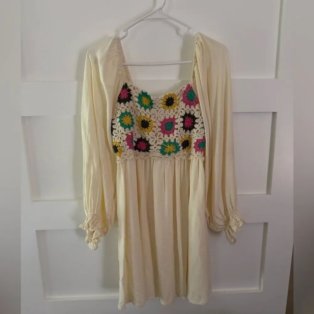POL Cream Dress with Colorful Crochet Detail